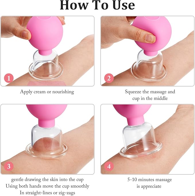 Nuanchu 2 Pieces Glass Face Cupping Set, Facial Cupping Cups Glass Silicone Cups Vacuum Suction for Face Skin Back Shoulder Muscle(1 Inch and 0.65 Inch Diameter,Pink)