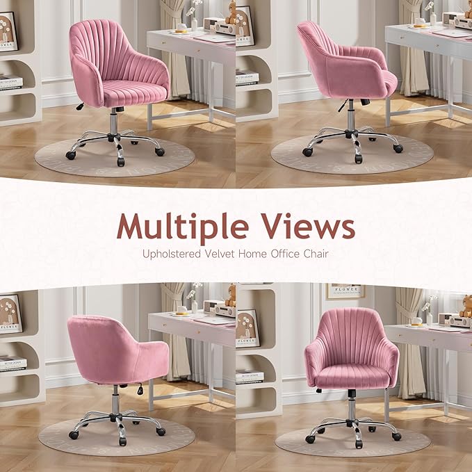 Warmiehomy Velvet Desk Chair for Home Office, Modern Adjustable Swivel Task Chair, Women Vanity Chairs with Arm Rest for Bedroom Dressing Room, Rose Pink