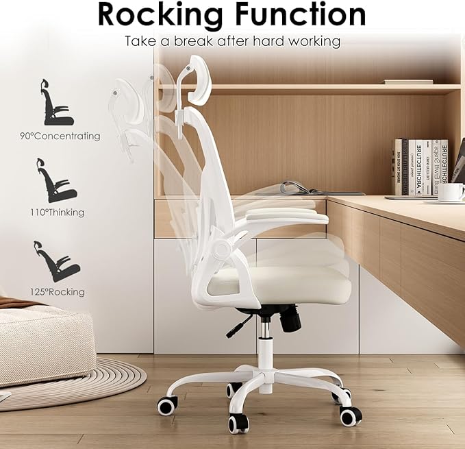 Farini Ergonomic Office Chair, Home Office Desk Chair with Headrest, High Back Swivel Computer Chair with Armrests and Adjustable Lumbar Support for Home Office Study Room, White & Beige