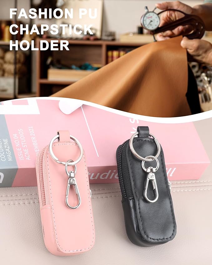 Lip Balm Holder Chapstick Holder Keychain Fashion Pu Leather Lipstick Pouch Lip Gloss Holder With Hook (Black)