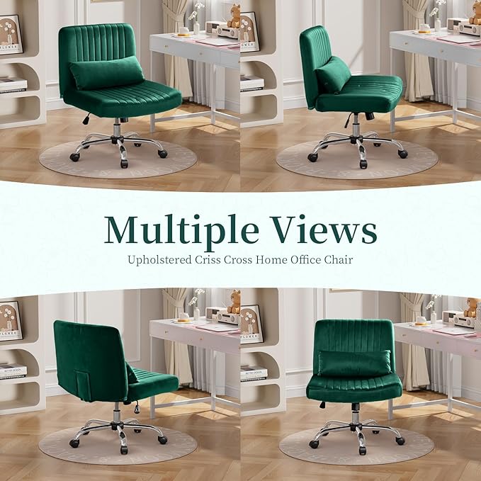 Warmiehomy Velvet Criss Cross Office Chair with Wheels, Luxury Cross Legged Desk Chair for Bedroom, Armless Wide Seat Computer Chair, Modern Vanity Chair, Gift for Teens & Girlfriend, Dark Green