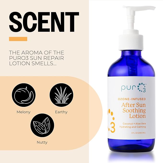 PurO3 Sun Repair Lotion – After Sun Care with Ozonated Coconut Oil & Aloe Vera – Sunburn Relief & Moisturizer for Face & Body – Cool Hydration for Sun-Damaged Skin, 8 Fl Oz Size