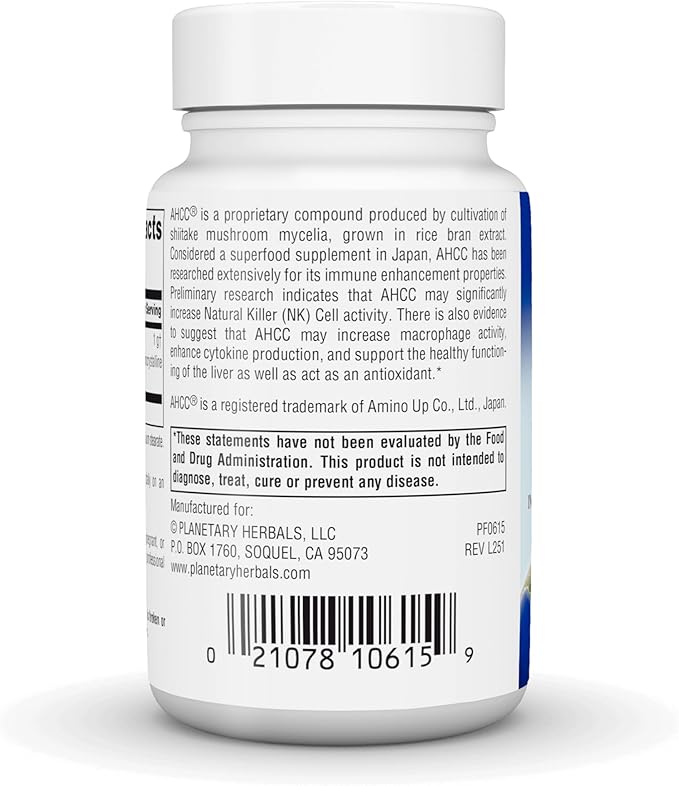 Planetary Herbals AHCC, For Immune System Support* 500 mg - 30 Capsules