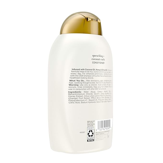 OGX Quenching + Coconut Curls Curl-Defining Conditioner, Nourishing Curly Hair Conditioner with Coconut /Citrus Oil & Honey, Paraben-Free with Sulfate-Free Surfactants, 13oz