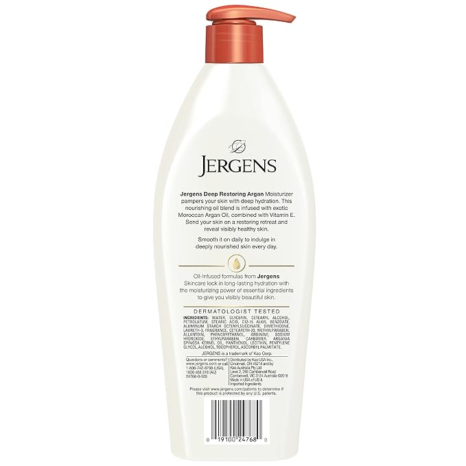 Jergens Deep Restoring Argan Oil Moisturizer, Soothing Body and Hand Lotion, with Reviving Argan_Oil and Vitamin E, Oil-Infused, Dermatologist Tested, 16.8 oz (Pack of 2)