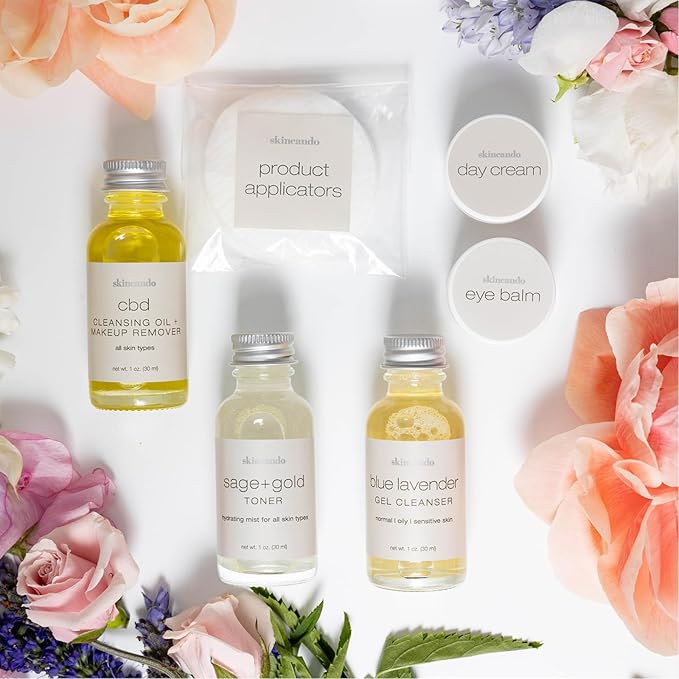 skincando Travel Skincare Gift Set - Cleansing Oil & Make Up Remover 1 oz, Blue Lavender Cleanser 1 oz, Sage & Gold Toner 1 oz, Day Cream .125 oz, Eye Balm .125 oz & Organic Cotton Applicators 3.25oz