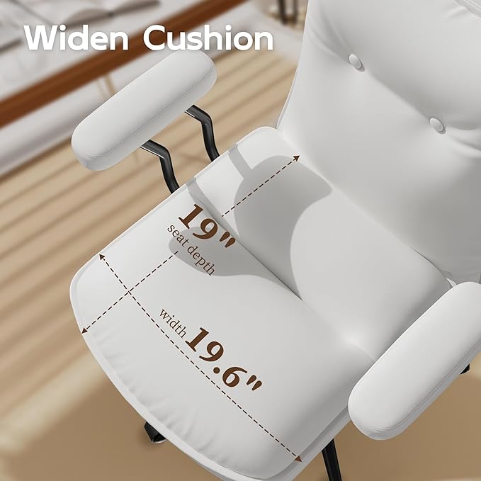 White Office Chair with Triple-Layers Thicken Wide Seat, Mid Back Leather Desk Chair with Wheels and Arms, Mid-Century Modern Computer Chair for Home Office