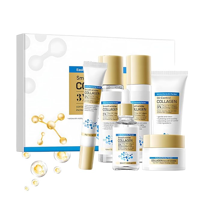 Collagen Skin Care Set, 6-Piece Anti-Aging Kit for Women to Help Reduce Fine Lines & Wrinkles, Hydrating & Pore-Minimizing, Includes Serum, Cream, Eye Cream, Toner, Cleanser, Daily Routine & Gift Set