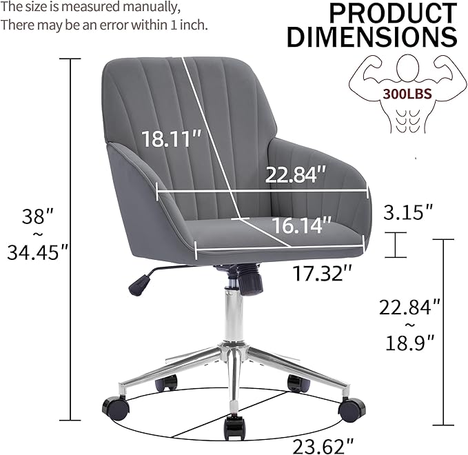 Velvet Home Office Desk Chair, Modern Cute Computer Task Chair with Back, Height Adjustable Upholstered Vanity Chair with Swivel Wheels for Women, Girls (Silver Base, Gray