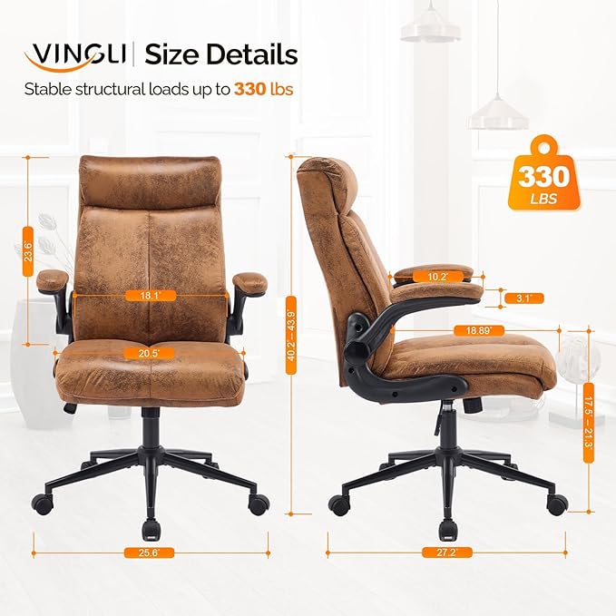 VINGLI Microfiber Brown Rolling Ergonomic Office Desk Chair with Padded Flip-up Arms, 360°Swivel High Back Executive Computer Chair with Wheels for Game，Home Small Space, Study Room, Reading Room