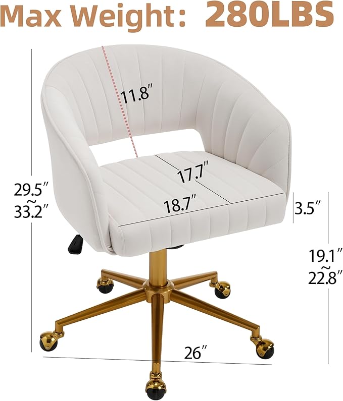 Westice Home Office Desk Chairs, Modern Velvet Rolling Chair, Height Adjustable Swivel Vanity Chair with Golden Base, Ergonomic Chair for Vanity Study, Living Room Computer Room, Beige