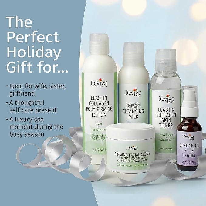 Reviva Labs Spa at Home – 5-Piece Skincare Gift Set for Women – featuring Gentle Facial Cleanser, Toner, Plumping Serum, Firming Cream & Collagen Body Lotion for Winter Skin Care