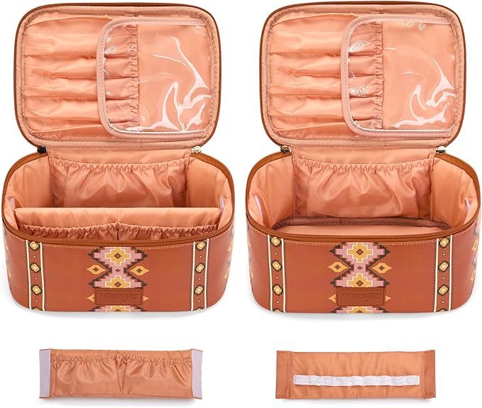 Montana West X Wrangler Travel Makeup Bag 2pcs Set Large Cosmetic Bag with Makeup Brush Holder Portable Make Up Organizer Cute Toiletry Bag with Divider and Handle for Women Aztec