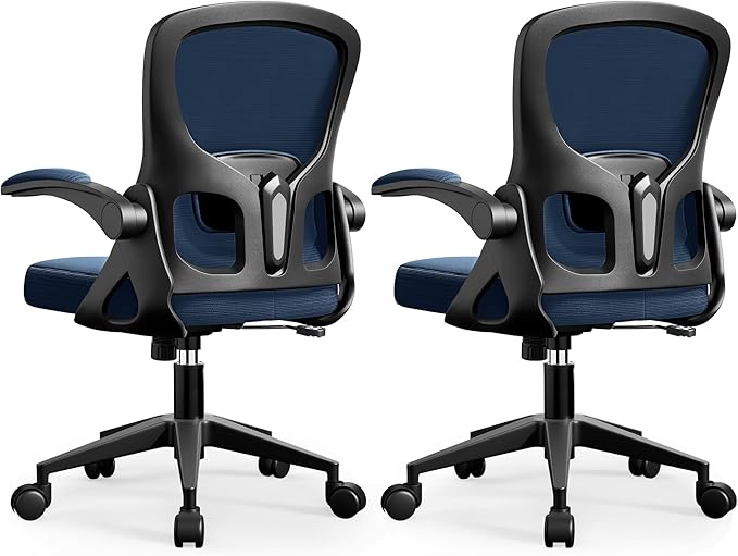 Office Chair Ergonomic Desk Chair, Adjustable Lumbar Support Rolling Swivel Comfy Chair with Space-Saving Flip Up Armrests, Mesh Gaming Chair for Business Work Office & Home,Blue 2pcs