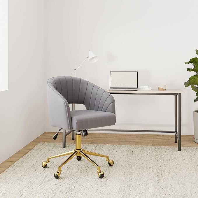 Home Office Chair Swivel Velvet Desk Chair Accent Armchair Upholstered Modern Tufted Chairs with Gold Base for Girls Women Ergonomic Study Seat Computer Task Stools for Living Room(Light Gray)