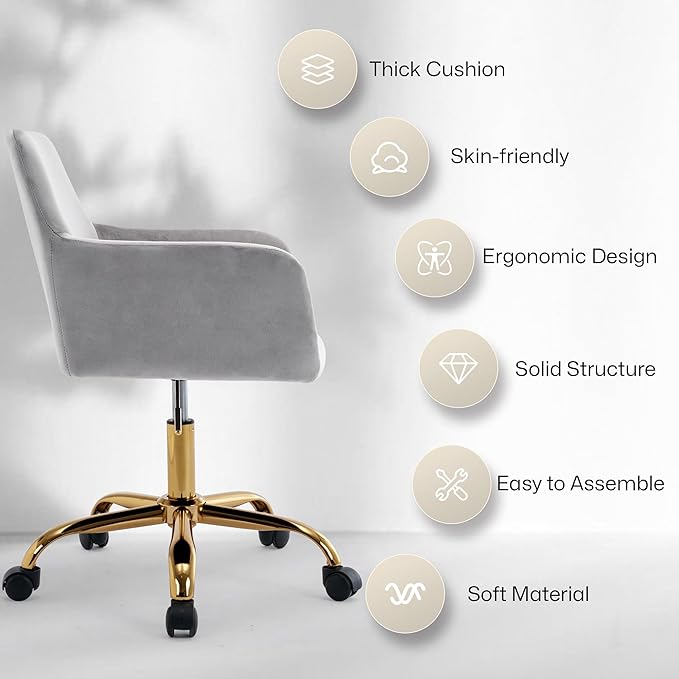 Faux Fur 360°Swivel Desk Chair, Modern Height Adjustable Home Office Armchair with Golden Base for Teens Women Girls, Upholstery Computer Chair for Home Studios, Velvet & Light Grey