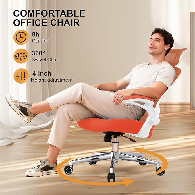 Office Chair, Ergonomic Breathable Mesh Chair,Flip-Up Arms and Adjustable High Back Lumbar Support,Comfy Computer Chair for Home Office (Orange, 407)