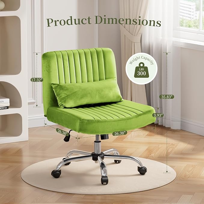 Warmiehomy Velvet Cross Legged Office Chair, Comfy Desk Chair for Home Office, Criss Cross Chair with Wheels, Height Adjustable Vanity Chair, Swivel Wide Seat Computer Chair Gift, Light Green
