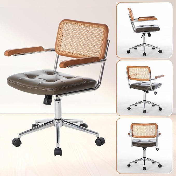 Genuine Leather Rattan Office Chairs, Modern Rattan Desk Chair with Natural Back & Wood Armrest, Small Upholstered Tufted Cowhide Home Office Desk Chairs for Home Office, Bedroom, Study, Olive Green