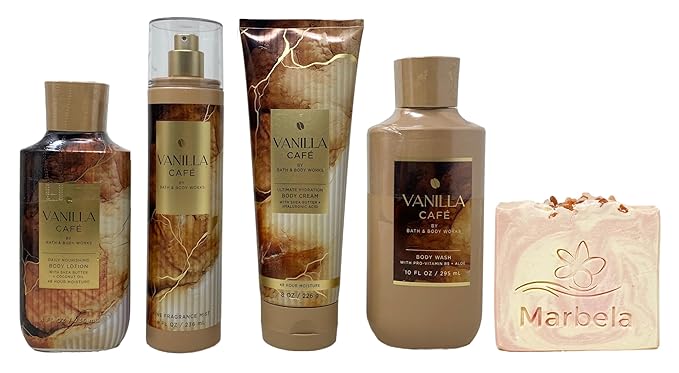 Bath & Body Works Vanilla Cafe Deluxe Gift Set - Fragrance Mist, Body Lotion, Body Wash and Body Cream with a Himalayan Salts Springs Bar Soap