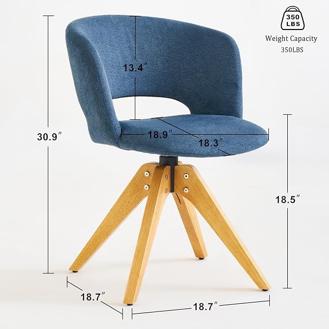 Mid Century Modern Swivel Accent Chair with Solid Wood Legs, Home Office Desk Chair No Wheels, Makeup Chair for Vanity, Upholstered Chair for Bedroom, Blue