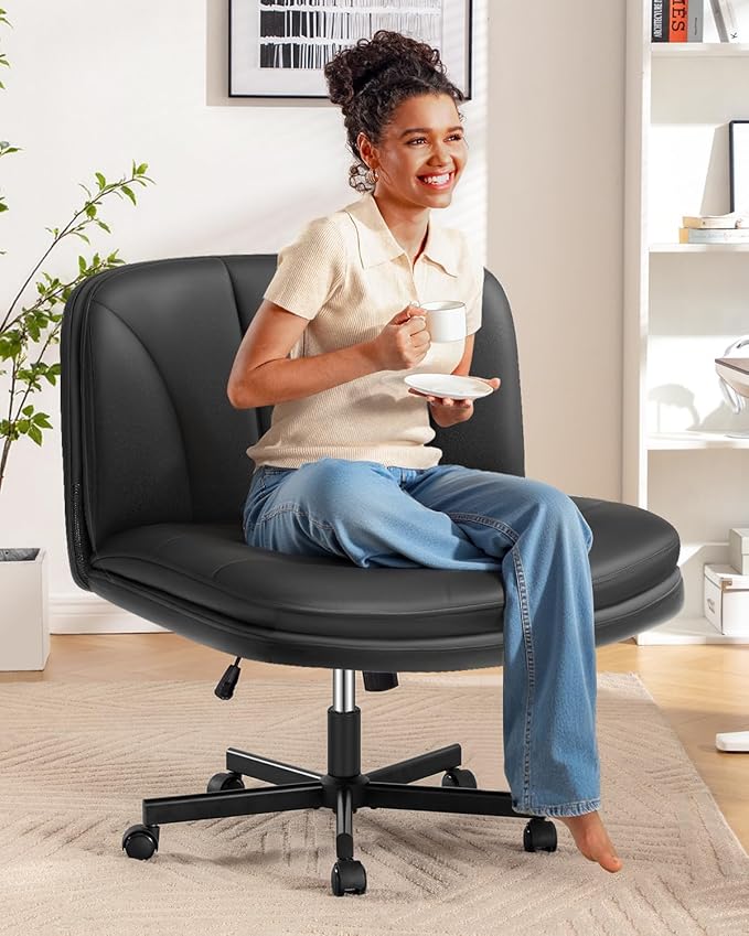FelixKing Criss Cross Chair with Wheels, Cross Legged Office Chair, Armless Wide Vanity Desk Chair with 2 Layer Comfty Velvet & Back - Swivel for Home Office Bedroom, Dark Black
