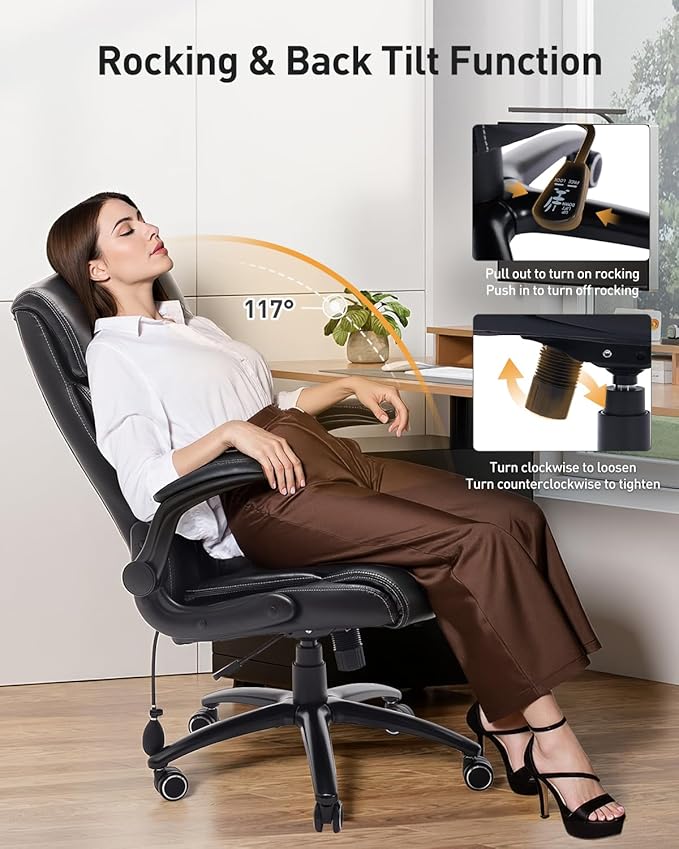 500LBS Big and Tall Office Chair, Heavy Duty Office Desk Chair with Padded Flip-Up Arms, Adjustable Lumbar Support & Tilt Lock, High Back Ergonomic Executive Computer Chair for Work & Study