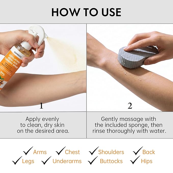 Kojic Acid & Turmeric Body Care Spray, Gentle Exfoliating Texture Care with Soft Sponge Applicator, Daily Body Skin Care for All Skin Types, 200ml