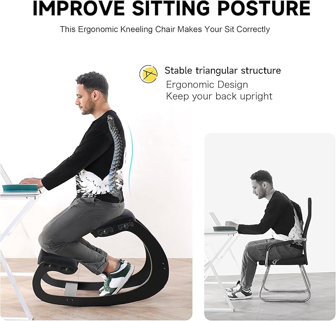 Adjustable Kneeling Chair, Wooden Ergonomic Chair Knee Chair Posture Chair - Improve Your Posture with an Angled Seat for Home,Office (Cylindrical Black)