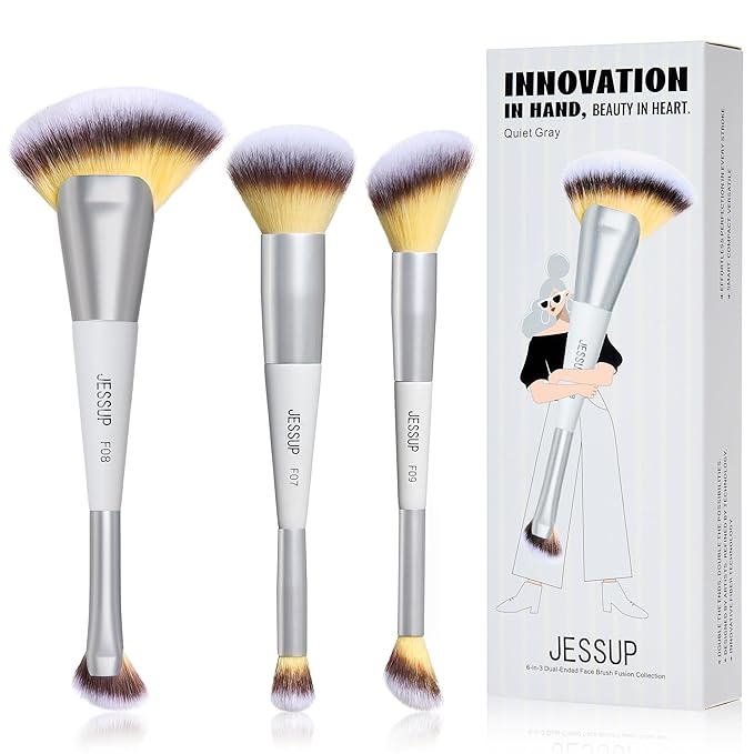 Jessup Face Makeup Brush Set 3pcs Double Sided Makeup Brushes for Foundation Contour Blush Highlight Concealer, Cruelty Free Cosmetic Tools Quiet Gray T521