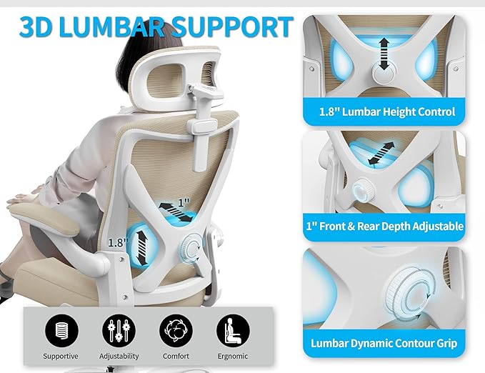 Ergonomic Office Chair - Mesh Desk Chair with Adjustable Lumbar Support High Back Computer Gaming Chairs - Big and Tall Office Chairs Adults, Comfortable for Long Hours, Beige