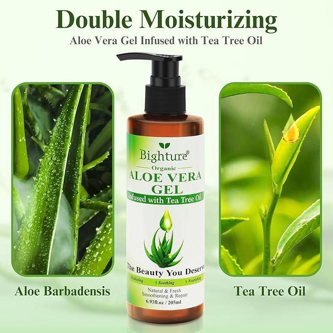 Aloe Vera Gel with Tea Tree Oil for Face & Body, Freshly-cut Aloe Vera Gel Ideal for Skin, Scalp, & Hair Hydration, Calming Moisturizer for Soothing After Sun Care Relief, 6.93 oz