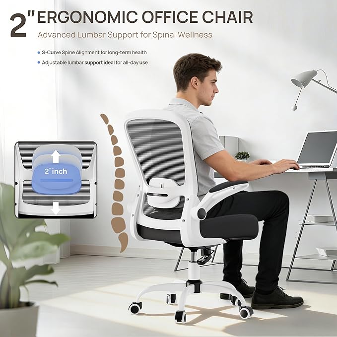 Mimoglad Ergonomic Office Chair - Desk Chair with Flip-up Armrests & 135° Recline, Adjustable Lumbar Support - Space-Saving Task Chair for Business/Team Office & Home (White Frame-Black, 350lbs)