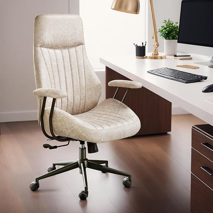 HOOOWOOO Faux Suede Leather Home Office Chair,MCM Modern Ergonomic Task Work Chair,Computer Desk Chair with Cushion Seat Lumbar Support Reclining High Back for Long Hours(Beige)