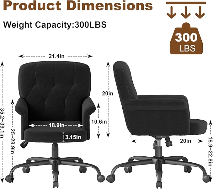 Comfy Home Office Desk Chair, Upholstered Fuzzy Vanity Chair with Wheels and Arms, Modern Adjustable Swivel Computer Seat for Living Room, Bedroom, Make Up, Home Office, Teddy Fleece, Black
