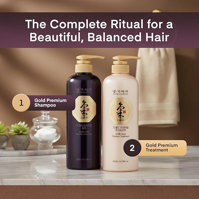 Daeng Gi Meo Ri- Ki Gold Premium Shampoo+Treatment Set, Effectively Moisture to Dry and Rough Hair, No Artificial Color, 780ml each
