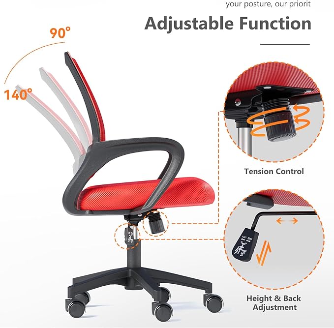 Home Office Chairs, Ergonomic Mid-Back Mesh Desk Chairs with Lumbar Support, Adjustable Swivel Rolling Design, Comfy Armrest for Work, Study, Gaming, Vanity, Red, 2 Pack