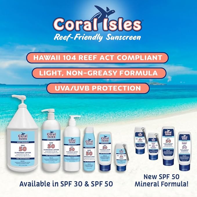 Coral Isles by Rocky Mountain Sunscreen | SPF 30 Lotion | Broad Spectrum UVA/UVB Protection | Hawaii Reef-Safe Act Compliant | Oxybenzone & Octinoxate Free | Water Resistant 80 Min. | 128 Fl Oz