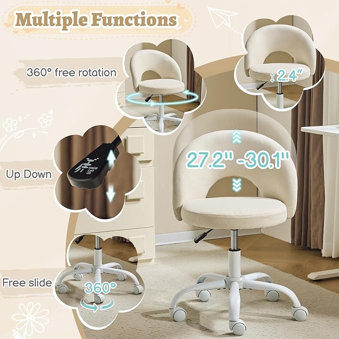 VINGLI Small Vanity Chair with Wheels for Girls.Cute Modern Adjustable Height Armless Office Desk Chair.360°Swivel Comfy Rolling Chair for Study, Make up Room,Small Space,Linen Light Yellow