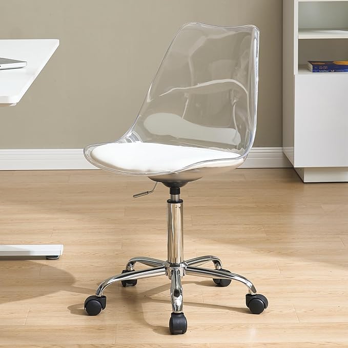 Lessmore Clear Acrylic Desk Chair with Pu Leather Cushion, Adjustable Home Office Chair with Wheels, Rolling Armless Vanity Chair for Office, Home, Make Up, Small Space, Bedroom(Silver)