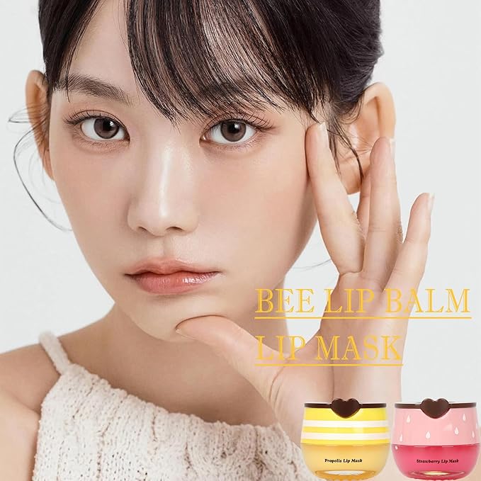 2 PCS Bee Lip Balm Lip Mask Honey Pot,Honey & Strawberry Lip Mask Propolis Moisturizing Lip Balm,Hydrating Prevention Dry & Cracked,Mothers Day Gifts,Teacher Appreciation Gifts,Easter Basket Stuffers