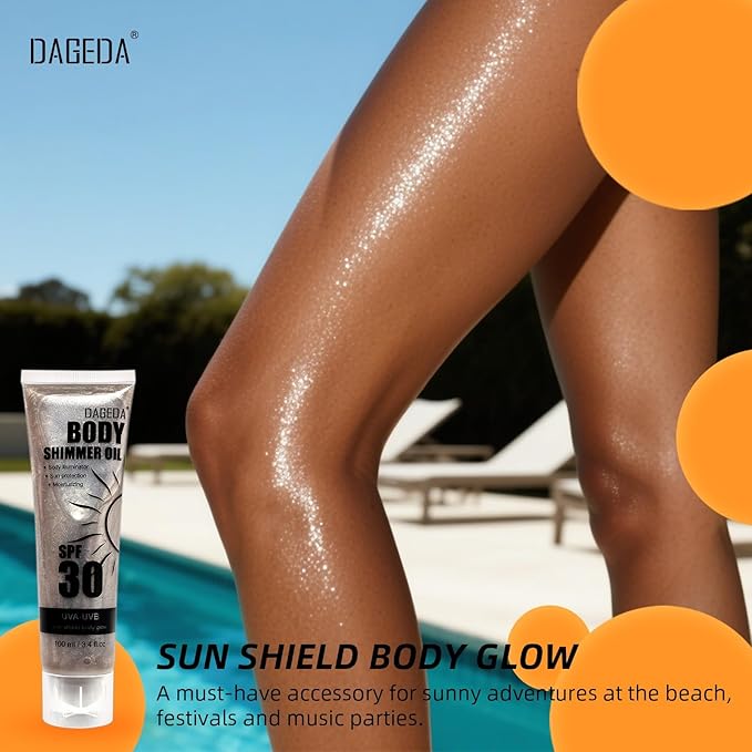 DAGEDA Body Glow Oil, SPF 30 Broad Spectrum Glitter Sunscreen, Lightweight, Non-sticky Sunscreen Body Shimmer, Sun Protection with Centella Asiatica Extract, UVA/UVB Protection, Bronze 3.4 fl.oz