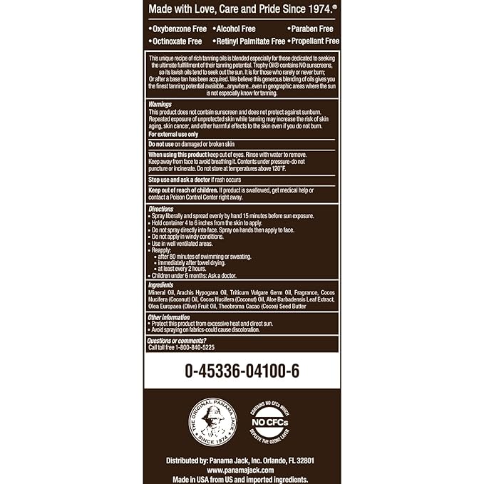 Panama Jack Trophy Suntan Oil - Contains No Sunscreen Protection (0 SPF), Light Formula with Exotic Oils, Aloe and Cocoa Butter, Tropical Fragrance, 5.5 OZ (Pack of 2)