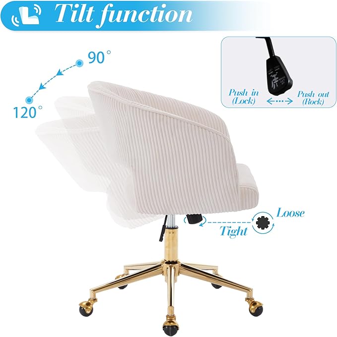 Home Office Chair Swivel Corduroy Fabric Desk Chair Accent Armchair Upholstered Modern Tufted Chairs with Gold Base for Girls Women Ergonomic Study Seat Computer Task Stools for Living Room(Beige)