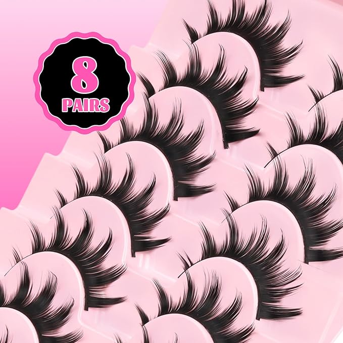 Veleasha Lashes Doll Eyed Spiky Manga Eyelashes Natural False Eyelashes Cospaly Strip Lashes 8D Effect Korean Japanese Asian Fake Eyelash Bambi Lash with Cotton Band 8 Pairs Pack (Bushy)