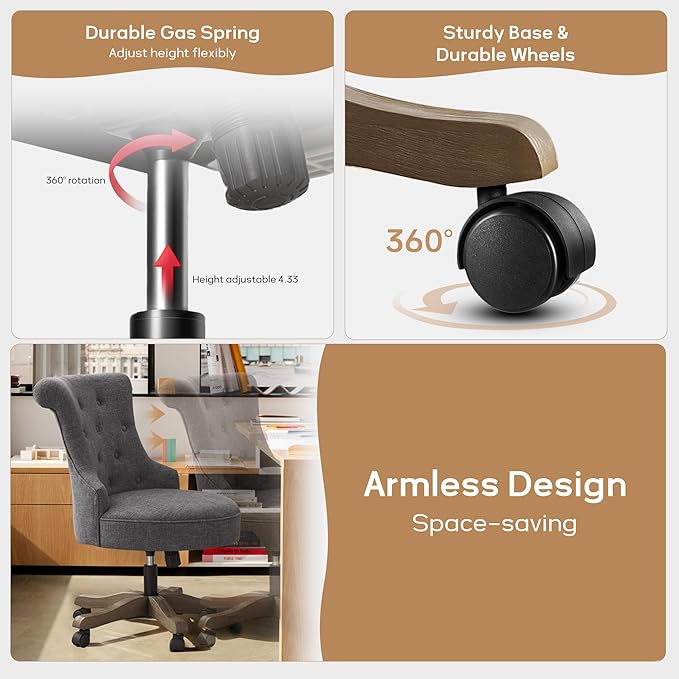 HUIMO Home Office Chair Upholstered Armless Desk Chair with Wheels Adjustable Height Computer Desk Chair with Wooden Legs Linen Fabric Comfortable Swivel Chairs for Home Office Study Studio (Grey)