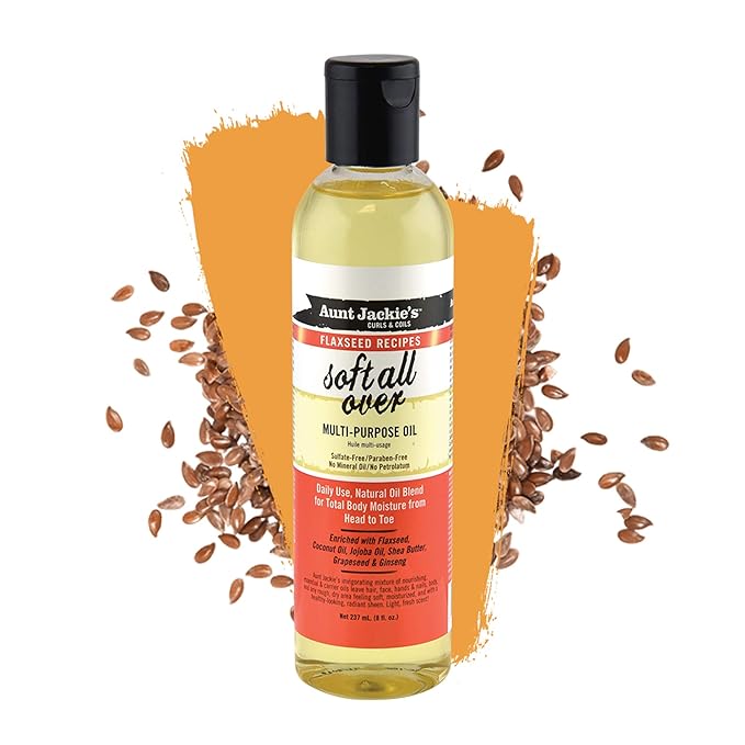 Aunt Jackie's Flaxseed Recipes Soft All Over, Multi-Use Oil for Hair and Body, Enriched with Flaxseed, Avocado, Coconut Oil and Marshmallow Root, Bottle 8 Fl Oz