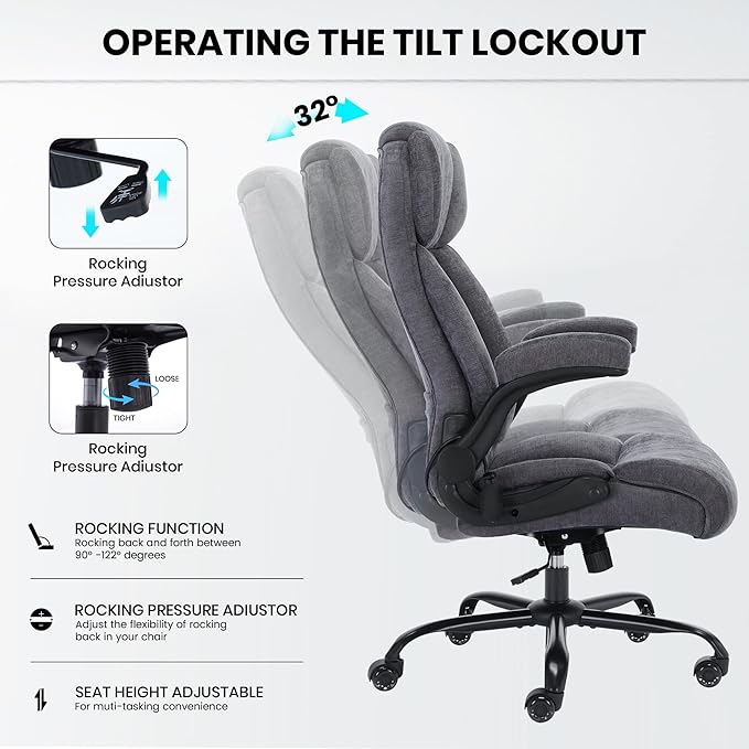 500lbs Big and Tall Office Chair Adjustable Lumbar Support for Back Pain, Extra Wide Seat Executive Office Chair Thick Armrest Pad, Heavy Duty Base&Upgraded Wheels, Ergonomic Comfy Computer Desk Chair
