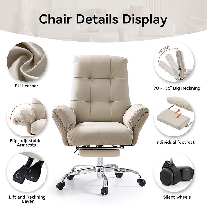 EMIAH Heated and Massage Office Chair with Foot Rest Criss Cross Chair with Wheels and Flip-up Arms Reclining Desk Chair Comfy Wide Seat PU Leather Rolling Computer Home Office Chair (Beige)