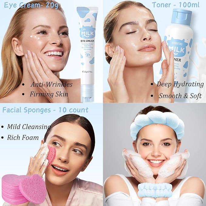 Milk Skin Care Kit Teenage Girls Gifts - 11PCS Skin Care Set Nourishing - Skin Care for Teens 10-12 - Smooth & Hydrating Skincare Gift Set - with Toner,Eye Cream,Serum,Facial Sponges,Headband